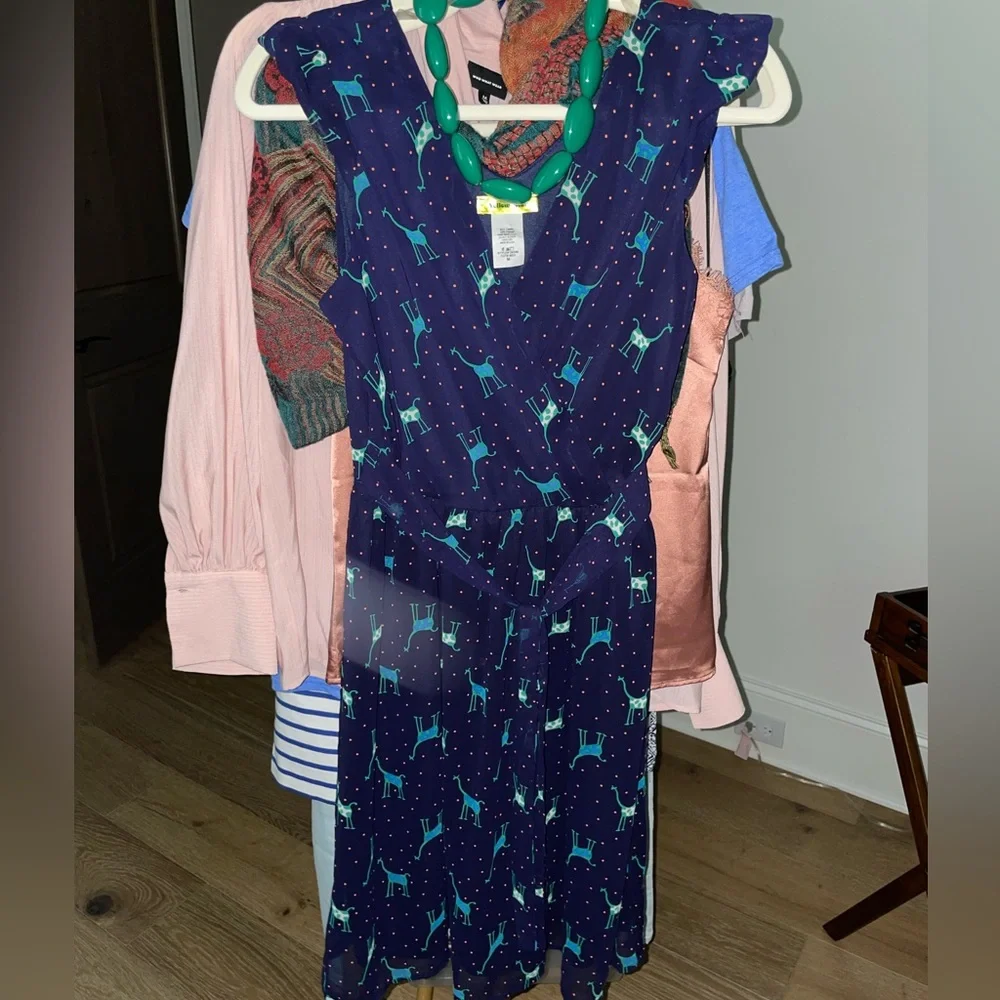 NWOT✨ ModCloth l Navy Giraffe x Polka Dot Faux Wrap Dress - Picture 9 of 11